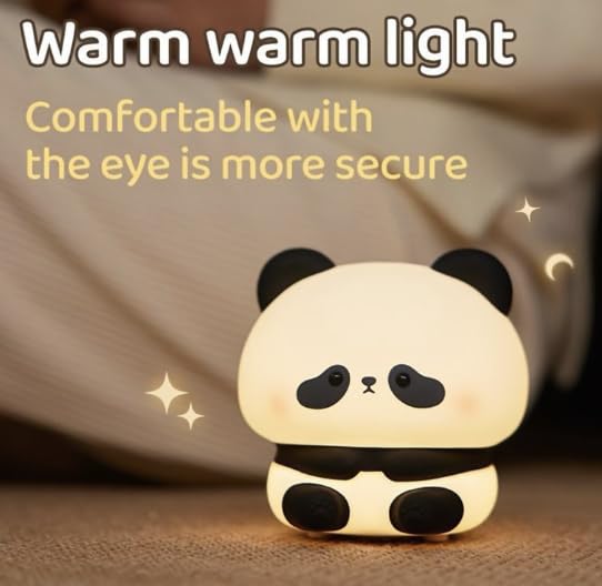 Soft touch LED panda nursery lamp, glowing warmly, perfect for children's bedrooms or as a baby night light. www.usmile.toys
